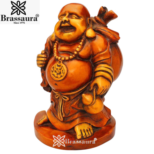 Brassaura® Brass Standing Laughing Buddha Idol – Pure Superfine Brass Handcrafted Murti, Brass Statue for Home Temple, Pooja Room – 11 Inch, 7 Kg