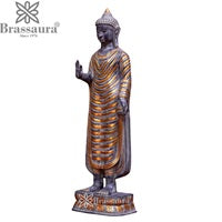 Brassaura® Standing Buddha Idol in Abhaya Mudra with Blue-Grey & Antique Gold Finish | Pure Superfine Brass Handcrafted Murti | Brass Statue for Home Temple, Pooja Room | Height 41 Inches | Weight 32 Kgs