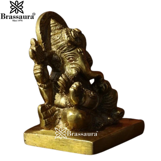 Brassaura® Brass Charbujha Ganesha Idol | Compact Handcrafted Sculpture | Height 3 Inches
