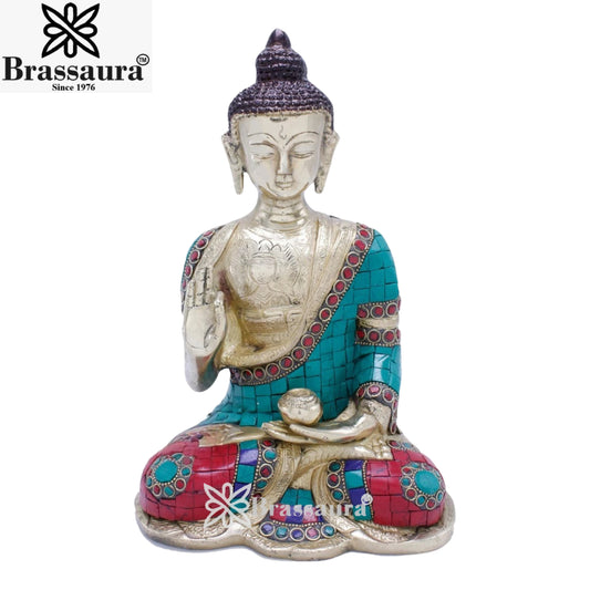 Brass Blessing Gem Stone Work Buddha Weight 3.8 kg & Height 10.5 Inch