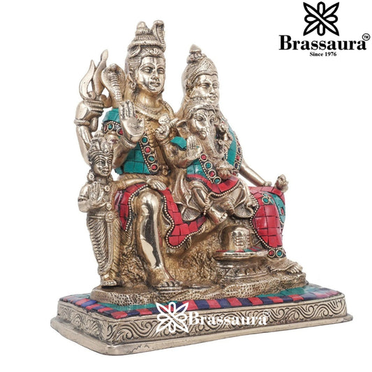 Brass Gem Stone Work Shiv Family Weight 5.6 Kg & Height 9.5 Inch