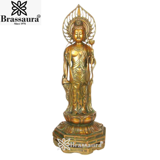Brassaura® Standing Buddha Statue – Classic Royal Golden Finish | Pure Superfine Brass Handcrafted Murti | Brass Statue for Home Temple, Pooja Room | Height 24 Inch | Weight 10 Kg