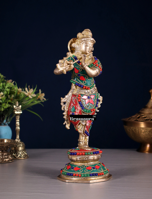 Brassaura® Krishna Idol with Floral Stonework Design | Pure Brass Multicolor Stonework Finish | Brass Murti for Home Temple, Pooja Room, Spiritual Décor & Luxury Gifting | Height 9.5 Inches | Weight 2 Kg