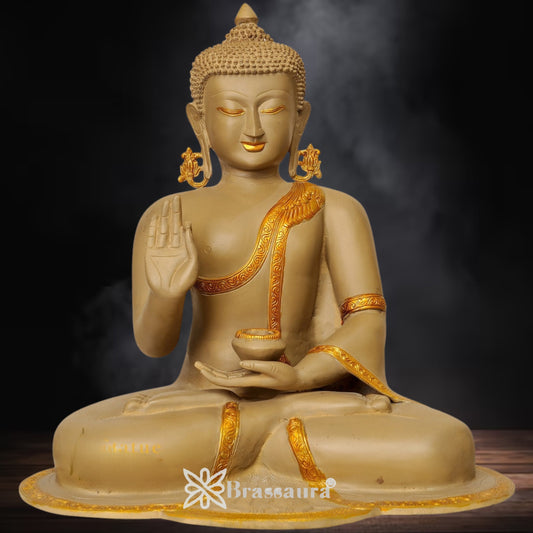 Brassaura® Buddha Sitting in Meditation Idol with Vintage Finish | Pure Superfine Brass Handcrafted Murti | Brass Statue for Home Temple, Pooja Room | Height 17.5 Inches | Weight 17 Kgs