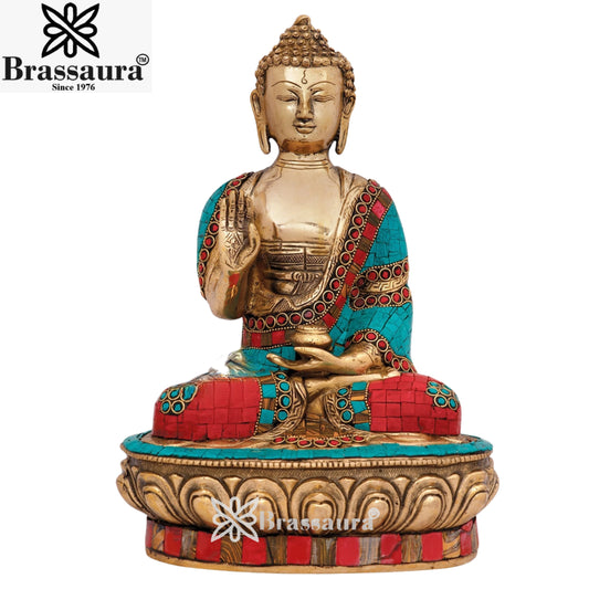 Brass Blessing Gem Stone Work Buddha Weight 4.8 kg & Height 12 Inch