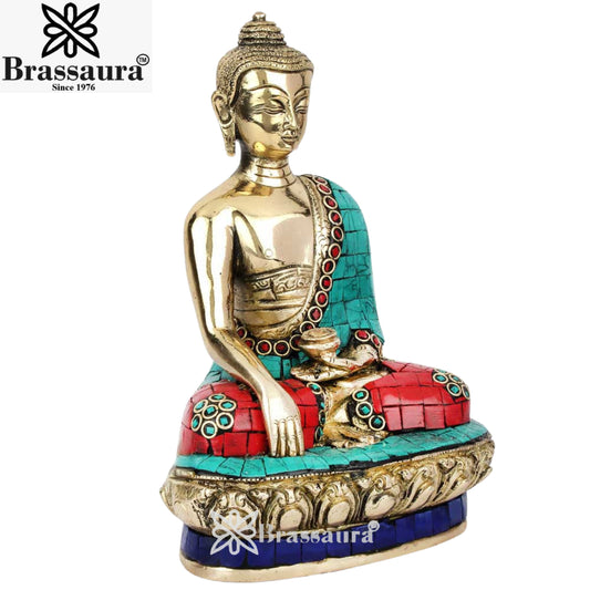 Brass Bhumisprasa Gem Stone Work Buddha Weight 2.2 Kg & Height 8 Inch