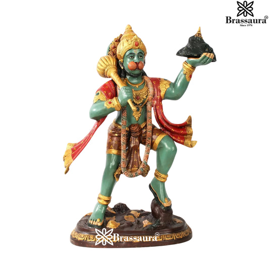 Brassaura™ Brass Hanuman With DronaGiri Mountain Statue, Height 27 Inches & Weight 26 Kgs | Pooja Room