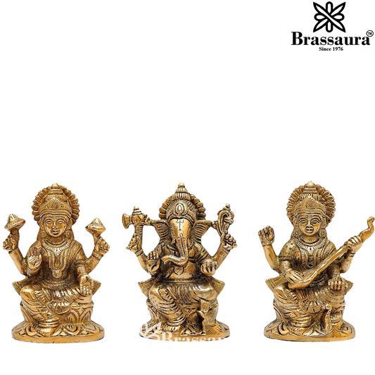 Brassaura™ Brass Laxmi Ganesha Saraswati Idol – Height 5 Inches & Weight 3.3 Kgs | Home & Temple Murti