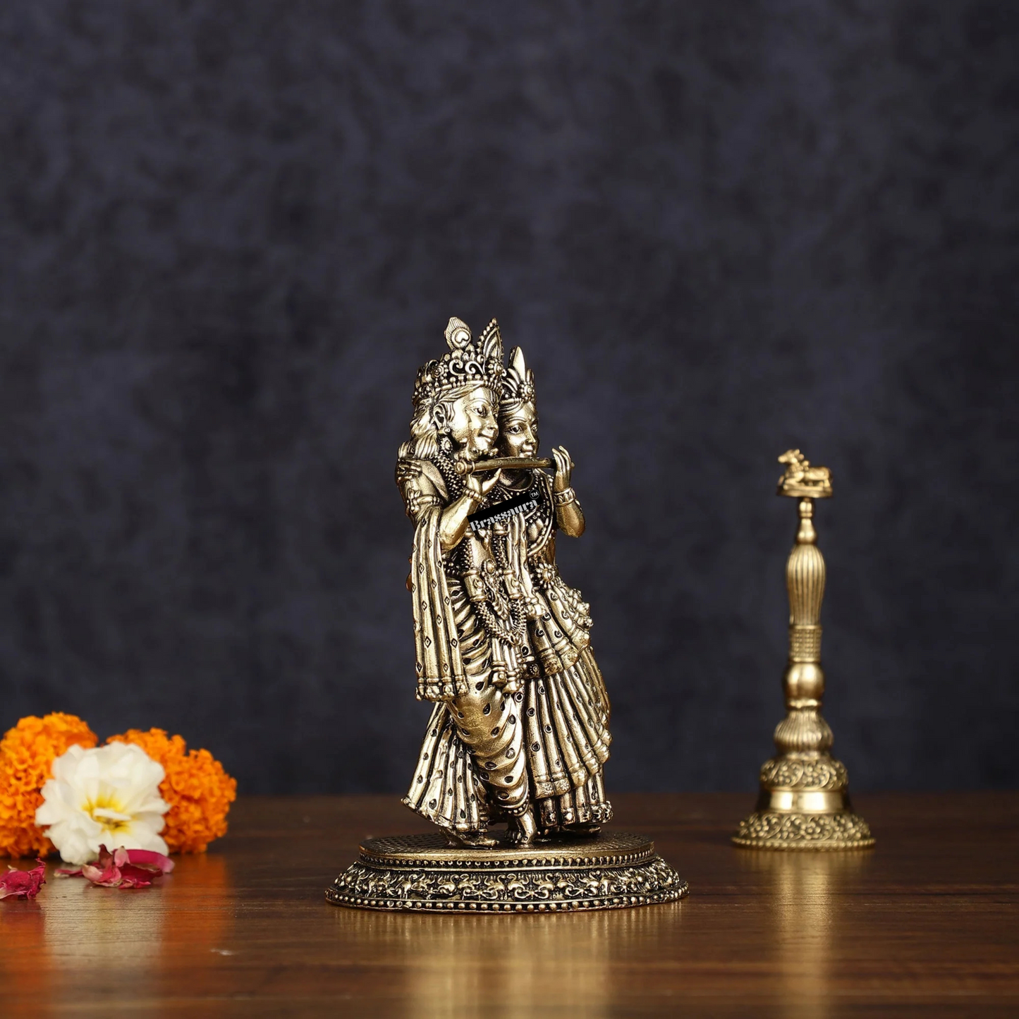 Brassaura™ Lightweight Brass Radha Krishna Idol – Height 6 Inches & Weight 510 Grams | Miniature Devotional Statue