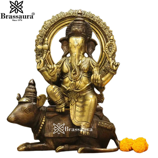 Brass Ganesha On Rat Statue Weight 14 Kg And Height 16 Inch