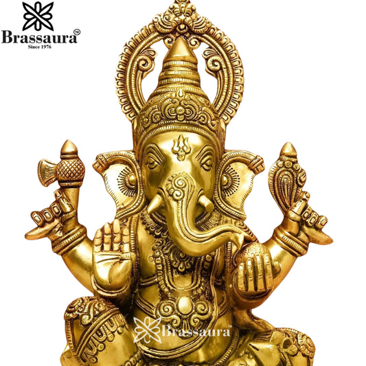 ब्रासौड़ा® सुपरफाइन गणेश ब्रास मूर्ति | पारंपरिक कमल पेडस्टल डिज़ाइन | ऊँचाई 14 इंच