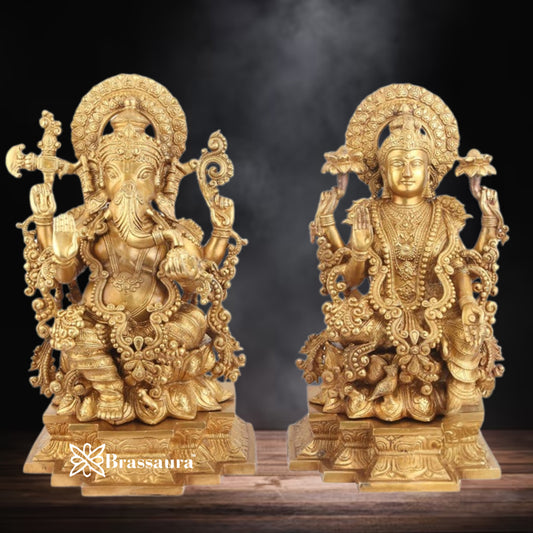 Brassaura® Royal Lakshmi Ganesha Brass Idol Set | Grand Handmade Divine Murti Pair | Height 22 Inches