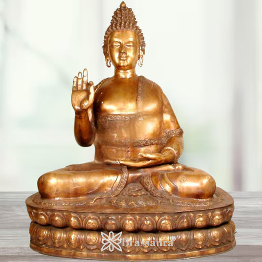 Brassaura® Buddha Sitting in Blessing Mudra Idol with Vintage Finish | Pure Superfine Brass Handcrafted Murti | Brass Statue for Home Temple, Pooja Room | Height 60 Inches | Weight 215 Kgs