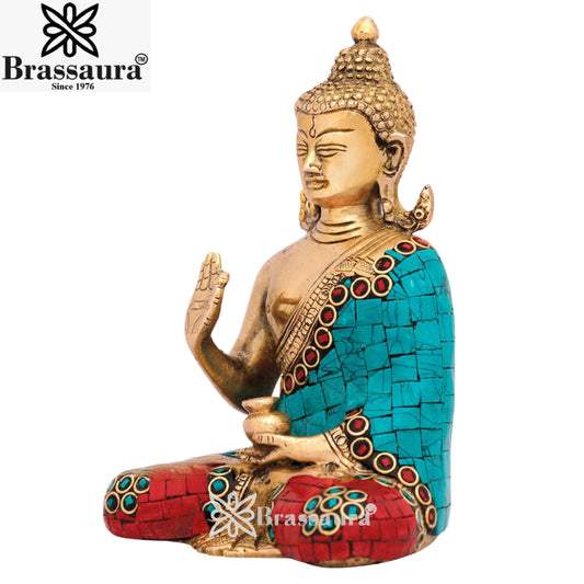 Brass Blessing Gem Stone Work Buddha Weight 1.3 kg & Height 6 Inch