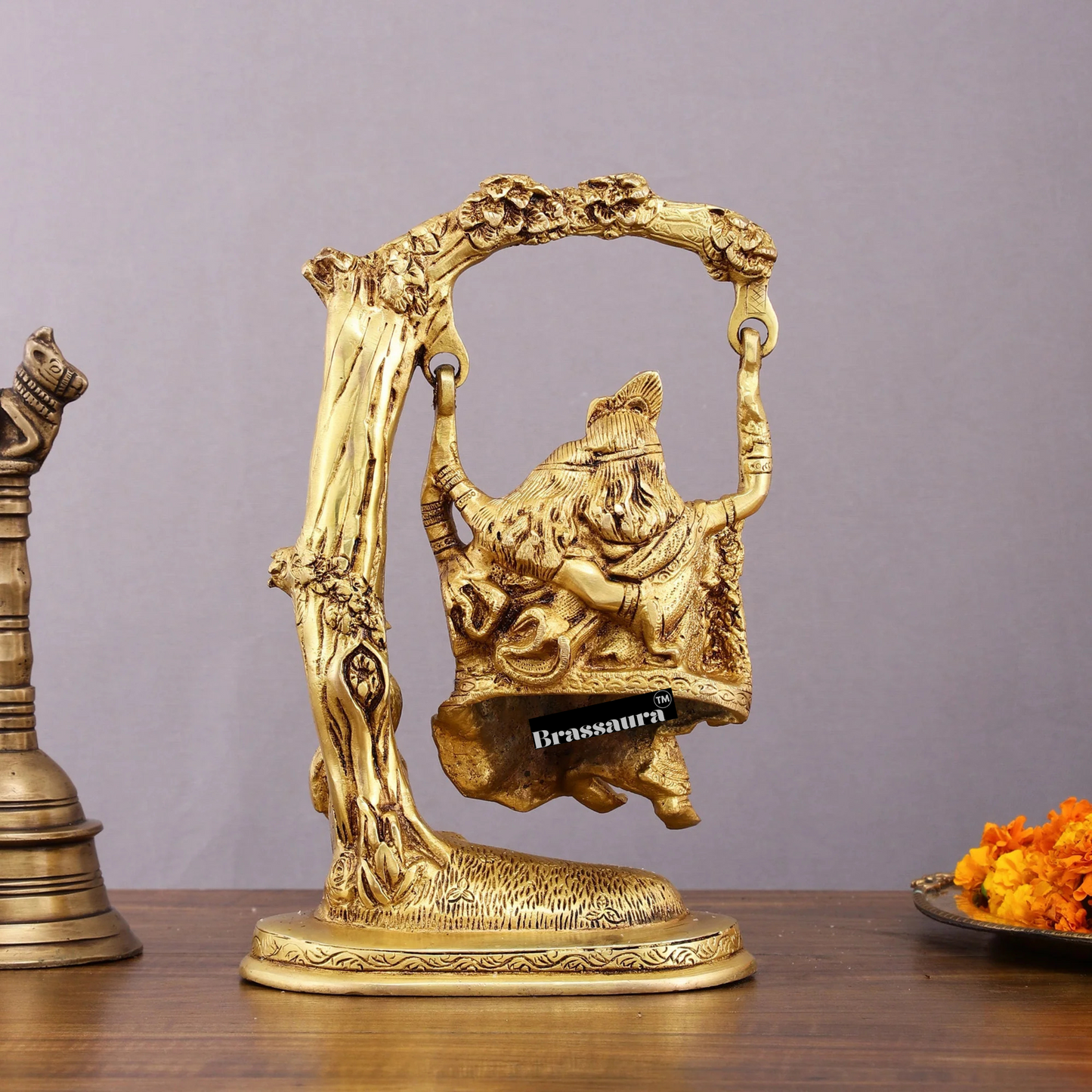 Brassaura™ Pure Brass Radha Krishna Swing – 10.5" Height | 3.10 kg – Divine Tree-Hung Idol for Home Décor