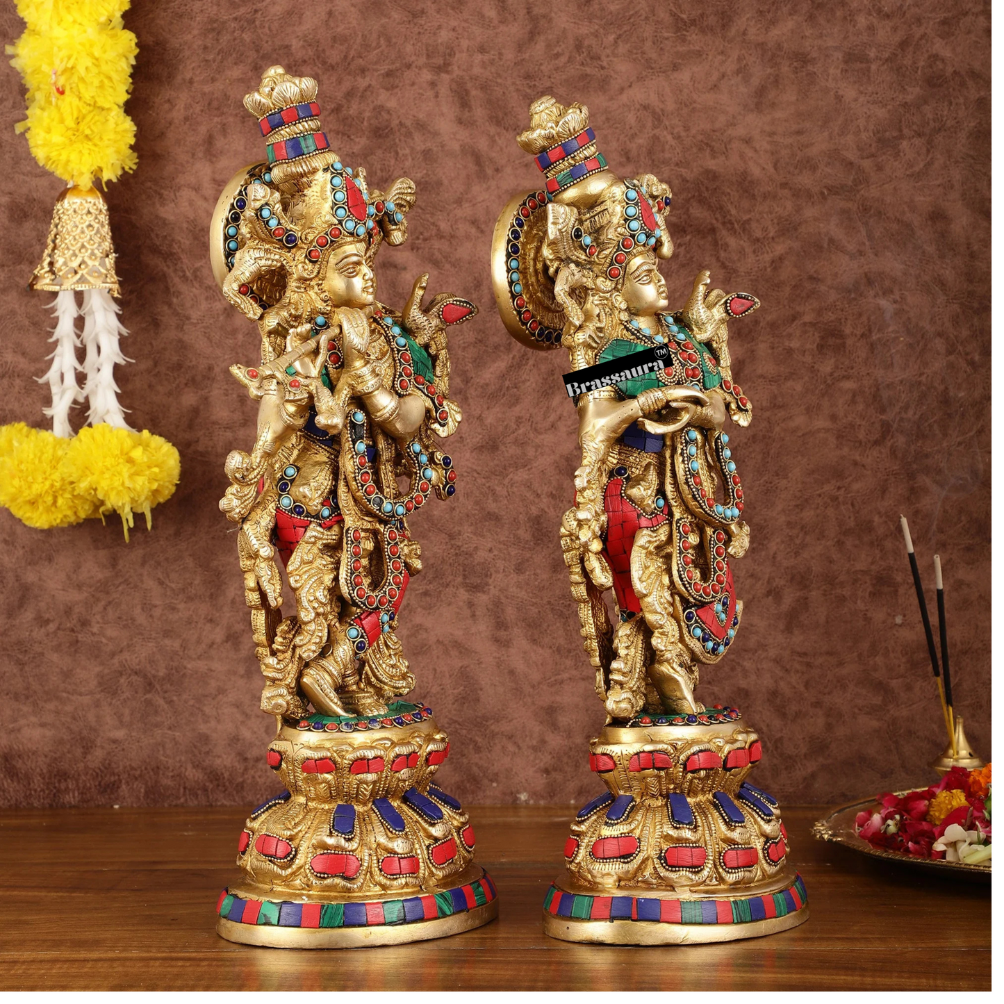 Brassaura™ Brass Radha Krishna Idol Pair with Exquisite Stonework – Height 15 Inches & Weight 10 Kgs | Divine Love Statues