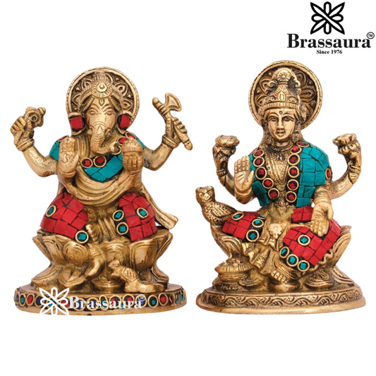 Brass Gem Stone Work Lakshmi Ganesh Weight 2 kg & Height 5 Inch