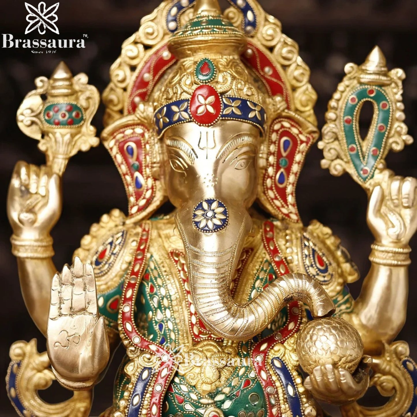 Brass Gem Stone Work Lotus Jewellery Ganesha Weight 33.5 Kg & Height 24 Inch