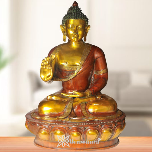 Brassaura® Buddha Sitting in Meditation Idol with Vintage Finish | Pure Superfine Brass Handcrafted Murti | Brass Statue for Home Temple, Pooja Room | Height 86 Inches | Weight 83 Kgs