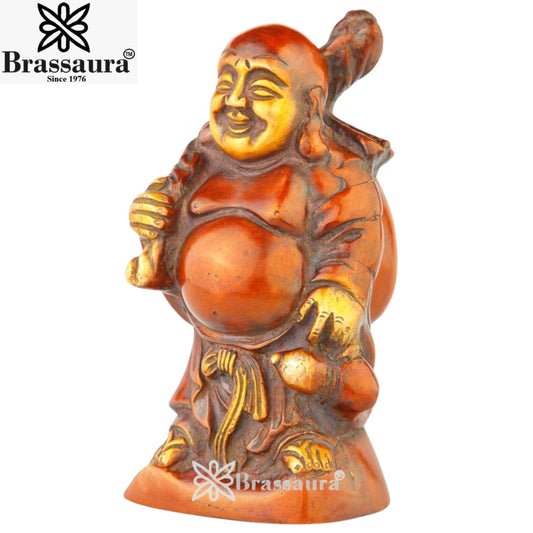 Brassaura® Brass Classic Laughing Standing Buddha Idol – Pure Superfine Brass Handcrafted Murti, Brass Statue for Home Temple, Pooja Room – 6 Inch, 1.7 Kg
