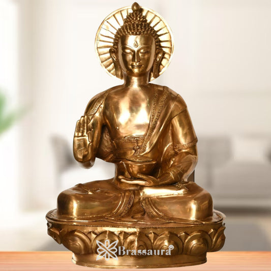 Brassaura® Buddha Sitting in Blessing Mudra Idol with Halo and Base with Royal Golden Finish | Pure Superfine Brass Handcrafted Murti | Brass Statue for Home Temple, Pooja Room | Height 34 Inches | Weight 42 Kgs