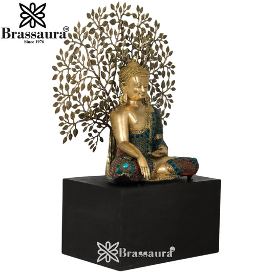 Brassaura™ Brass Buddha With Tree – Height 34 Inches & Weight 30 Kgs | Divine Representation of Tranquility & Balance