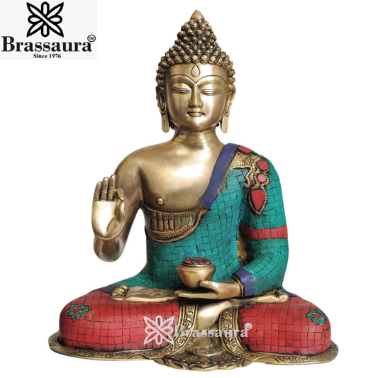 Brass Blessing Gem Stone Work Buddha Weight 11 Kg & Height 18.5 Inch