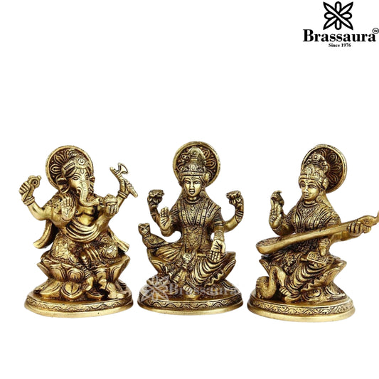 Brassaura™ Brass Laxmi Ganesha Saraswati Idol – Height 5 Inches & Weight 2.8 Kgs | Temple & Home Statue