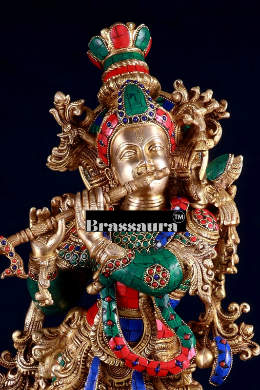 Brassaura® Brass Lord Krishna Playing Flute Idol with Natural Stonework | Pure Solid Brass Handcrafted Murti for Home Temple, Spiritual Décor & Gifting | Height 29 Inches | Weight 20 Kg