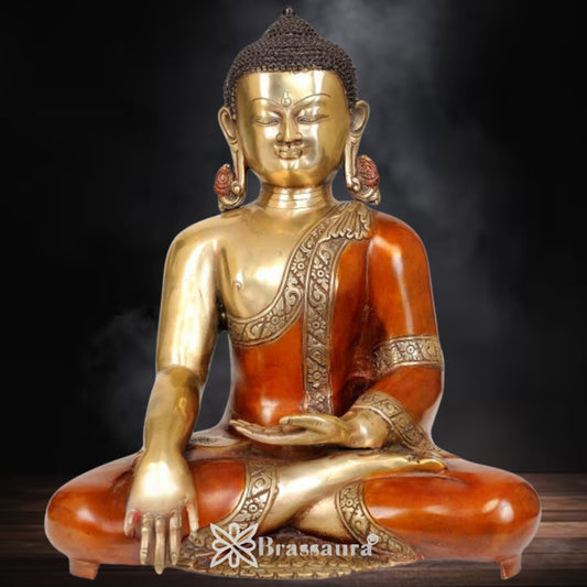 Brassaura® Buddha Bhumisparsha Mudra Sitting Idol with Antique Brown & Gold Finish | Pure Superfine Brass Handcrafted Murti | Brass Statue for Home Temple, Pooja Room | Height 14 Inches | Weight 11 Kgs