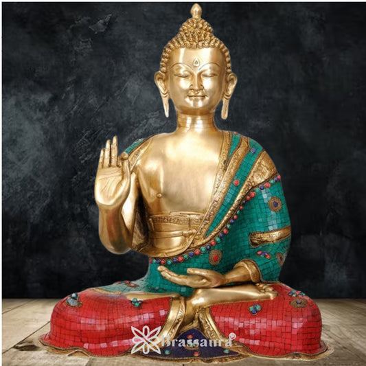 Brassaura® Buddha Sitting in Blessing Mudra Idol with Gem Stone Work Finish | Pure Superfine Brass Handcrafted Murti | Brass Statue for Home Temple, Pooja Room | Height 28 Inches | Weight 32 Kgs