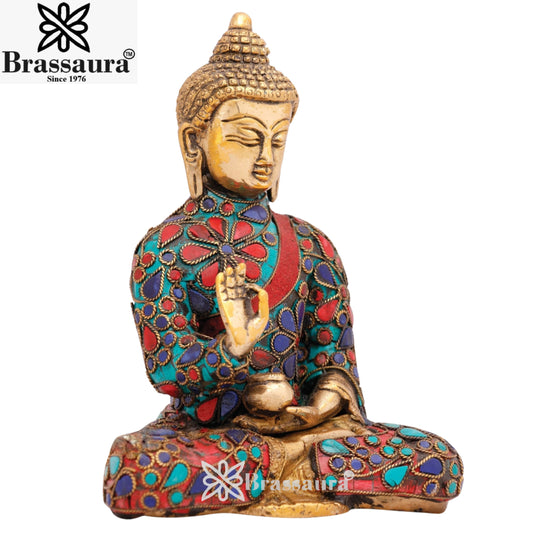 Brass Blessing Gem Stone Work Buddha Weight 2.2 kg & Height 7.5 Inch