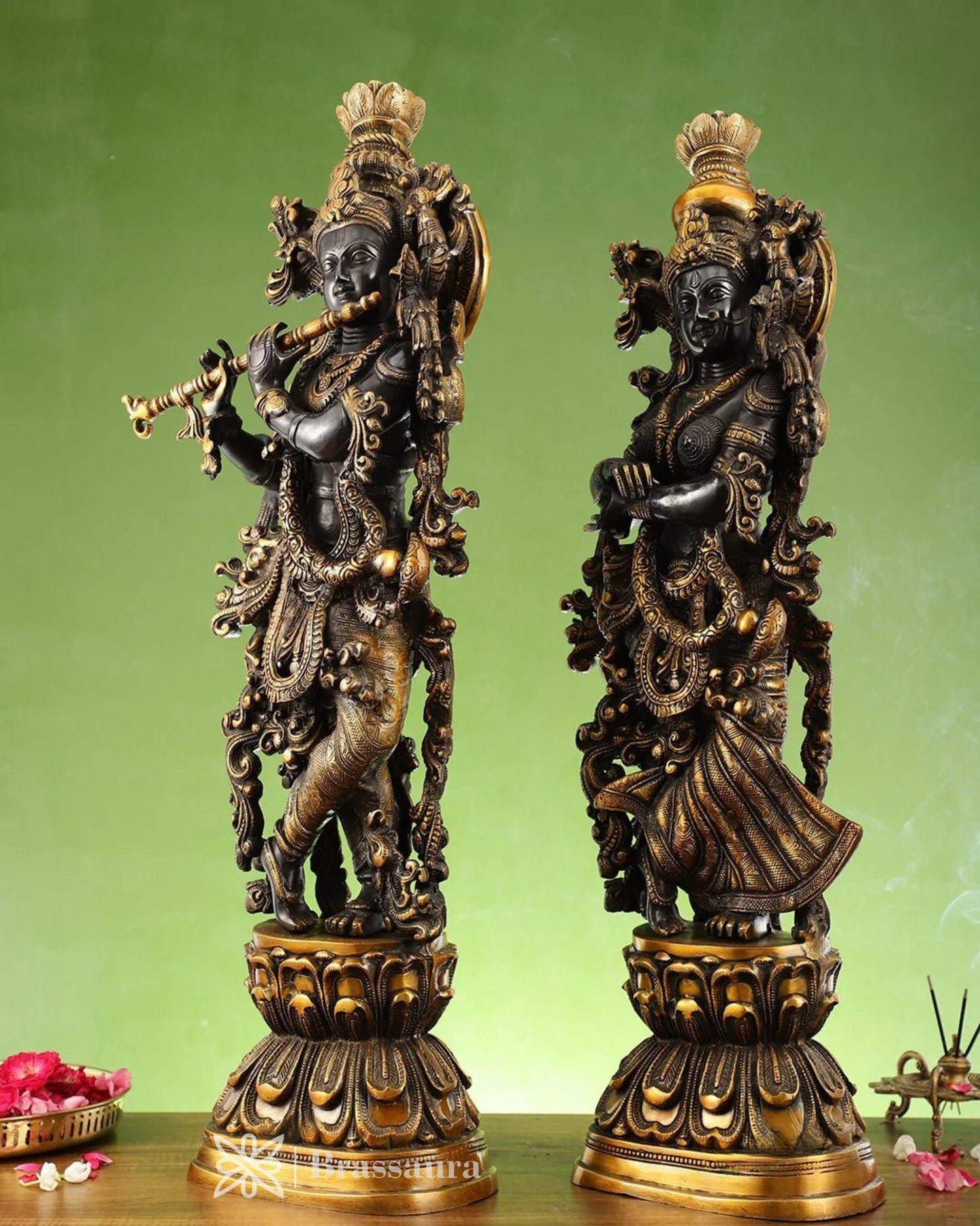 Brassaura™ Handmade Brass Radha Krishna Idol Pair with Black & Golden Finish – Height 29 Inches & Weight 32 Kgs | Devotional Statue