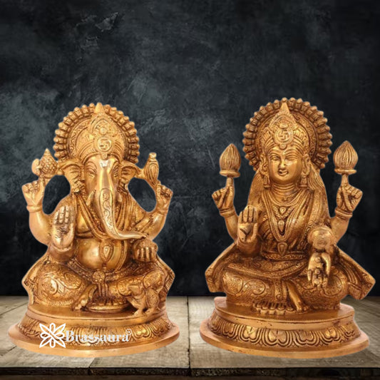 Brassaura® Elegant Lakshmi Ganesha Brass Idol Set | Traditional Handmade Divine Murti Pair | Height 8 Inches