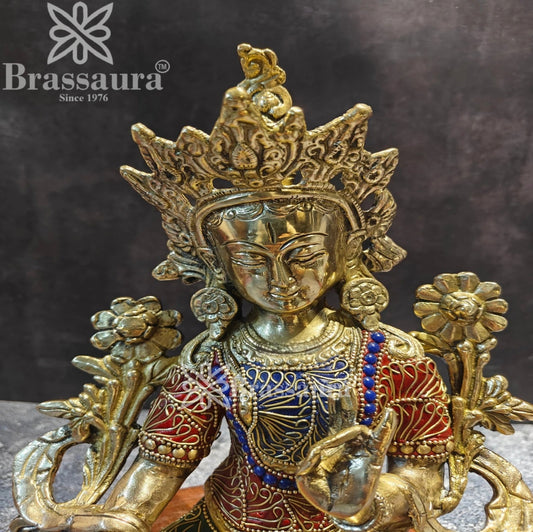 Brass Gem Stone Work Tara Weight 3.1 Kg & Height 11 Inch