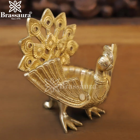 Brassaura™ Brass Peacock Urli Statue – Height 7 Inches & Weight 1.52 Kgs | Cultural Home Décor