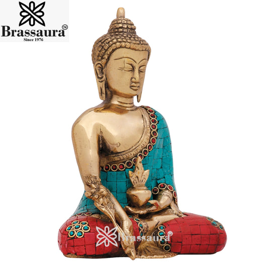 Brass Bhumisprasa Gem Stone Work Buddha Weight 1.9 kg & Height 7.5 Inch