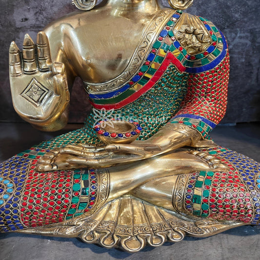 Brass Blessing Gem Stone Work Multicolored Buddha Weight 17.5 kg & Height 19 Inch