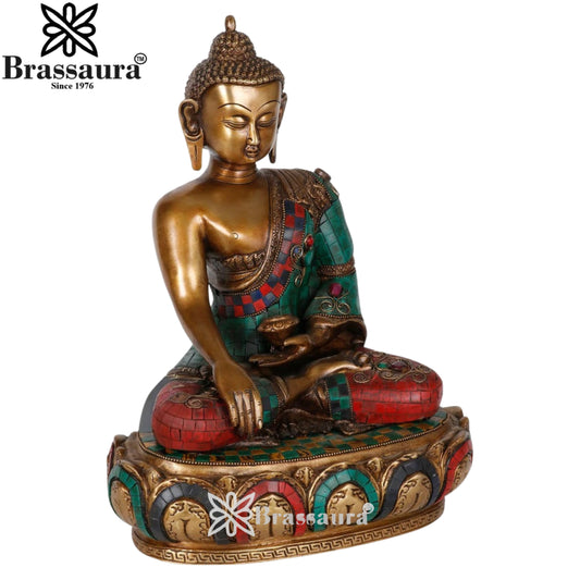 Brass Bhumisprasa Gem Stone Work Buddha Weight 8 kg & Height 14 Inch