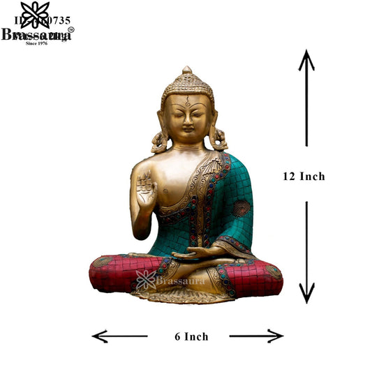Brass Blessing Gem Stone Work Buddha Weight 6.2 kg & Height 12 Inch