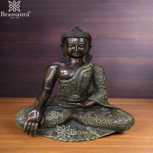 Brassaura® Buddha Bhumisparsha Mudra Sitting Idol with Antique Black & Silver Finish | Pure Superfine Brass Handcrafted Murti | Brass Statue for Home Temple, Pooja Room | Height 17 Inches | Weight 14.5 Kgs