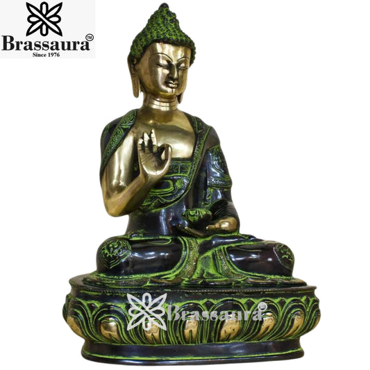 Brassaura® Lord Buddha Meditating in Dhyana Mudra, Seated Meditation Pose, Antique Green & Black Finish | Pure Superfine Brass Handcrafted Murti | Brass Statue for Home Temple, Pooja Room | Height 51 Inches | Weight 34 Kgs
