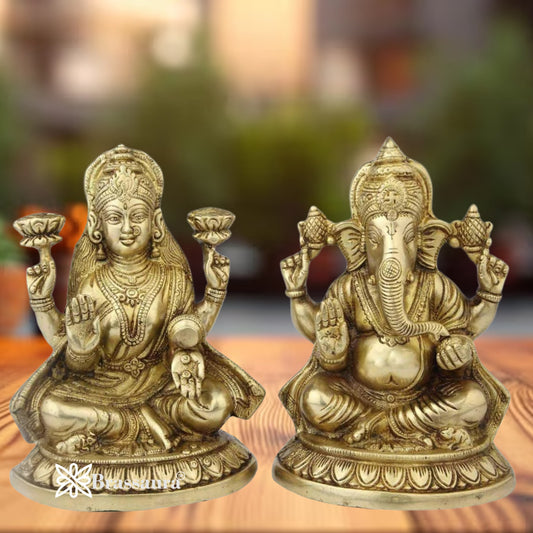 Brassaura® Traditional Lakshmi Ganesha Brass Idol Set | Handmade Divine Murti Pair for Prosperity & Wisdom | Height 8 Inches