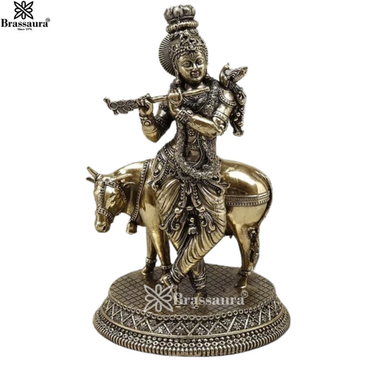 Brass Super Fine Cow Krishna Murti Weight .5 Kg And Height 6.8 Inch