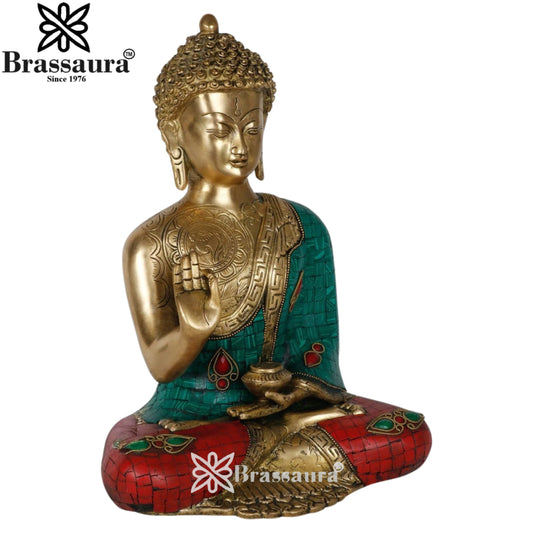 Brass Blessing Gem Stone Work Buddha Weight 6.5 kg & Height 12 Inch