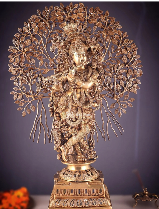 Brassaura® Brass Lord Krishna with Kalpavriksha Statue | Pure Solid Brass Handcrafted Krishna Murti for Home Temple, Luxury Décor & Gifting | Height 36 Inches | Weight 32 Kg