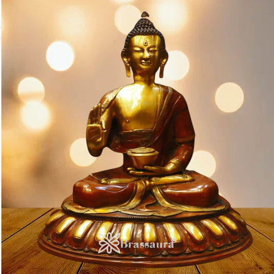 Brassaura® Buddha Seated Blessing Idol with Golden And Brown Finish | Pure Superfine Brass Handcrafted Murti | Brass Statue for Home Temple, Pooja Room | Height 35 Inches | Weight 55 Kgs