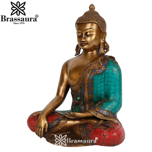 Brassaura® Buddha Bhumisparsha Mudra Sitting Idol with Gem Stone Work Finish | Pure Superfine Brass Handcrafted Murti | Brass Statue for Home Temple, Pooja Room | Height 13 Inches | Weight 6.5 Kgs