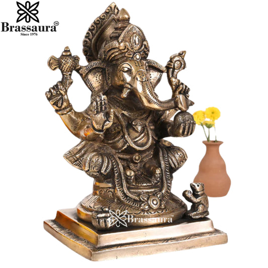 ब्रेसौरा® श्री गणेश पीतल की मूर्ति | अभय मुद्रा आशीर्वाद स्वरूप | ऊंचाई 7 इंच