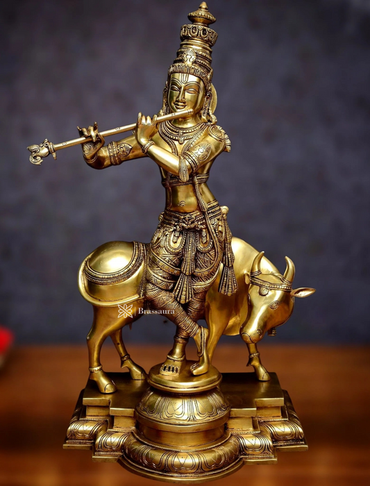 Brassaura® Superfine Krishna with Cow Idol | Pure Brass Golden Finish | Brass Murti for Home Temple, Pooja Room, Spiritual Décor & Luxury Gifting | Height 27 Inches | Weight 26 Kg